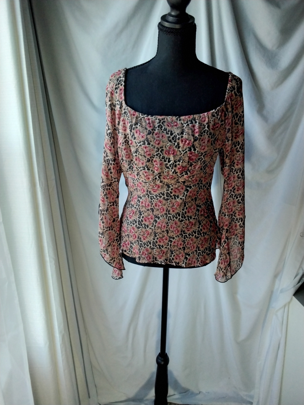 Angie Pink Floral Square-Neck Long Sleeve Blouse